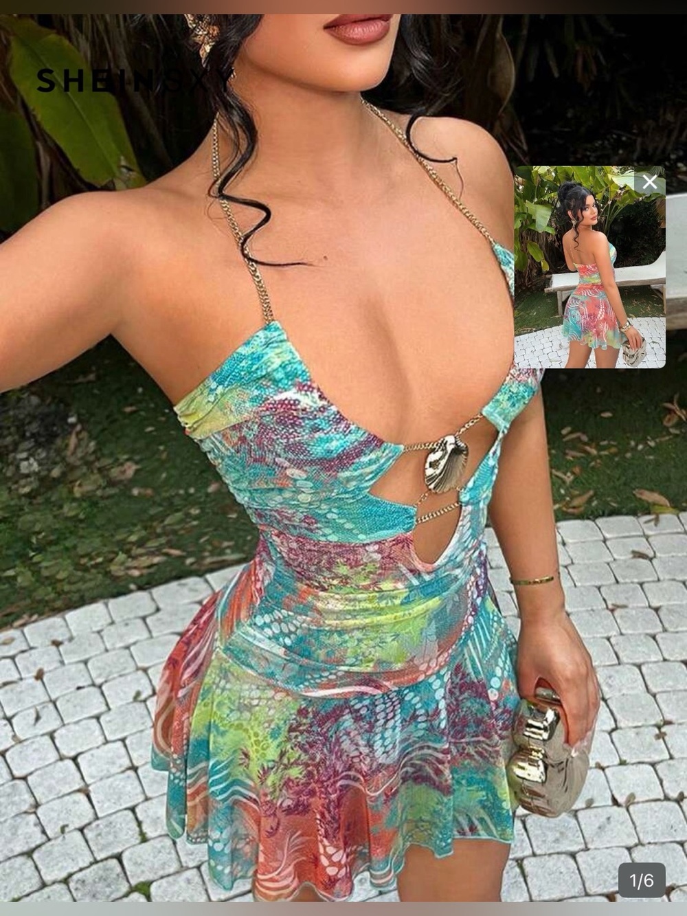 Turquoise Multi-yColor Halter Cutout Mini Dress with Gold Chain